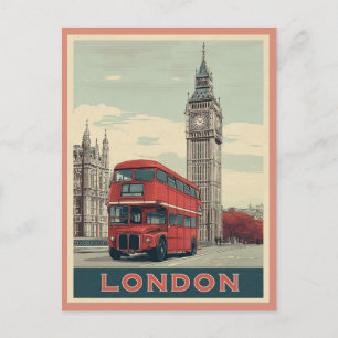 Vintage London England Big Ben Red Bus Travel Postcard