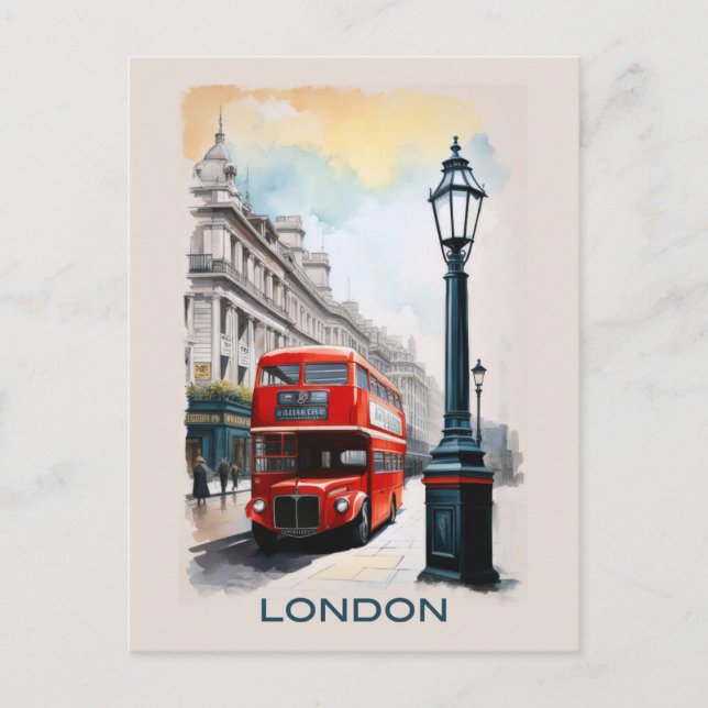 Vintage London England Red Bus Travel Postcard (Front)
