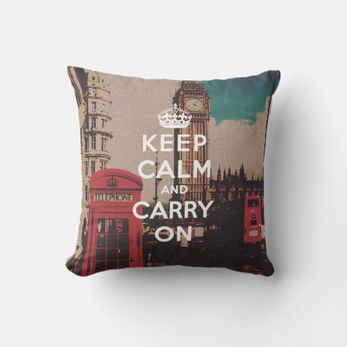 Vintage London Landmark Keep Calm And Carry On Throw Pillow