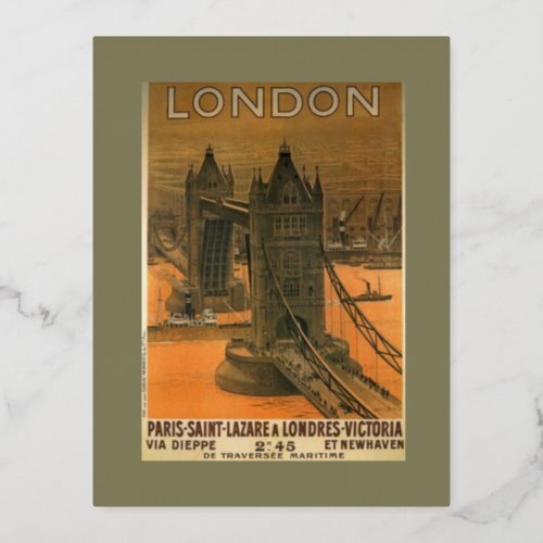 Vintage London Paris Railroad Travel Advertisement Foil Holiday Postcard