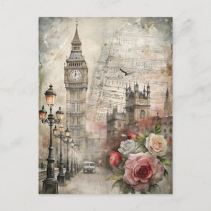 Vintage London Romantic Floral Big Ben Postcard