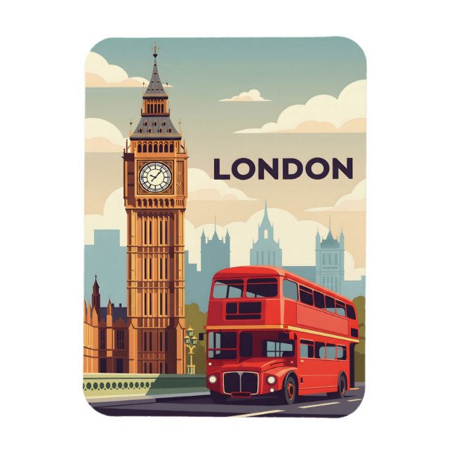 Vintage London with Big Ben and Red bus Magnet (Vertical)