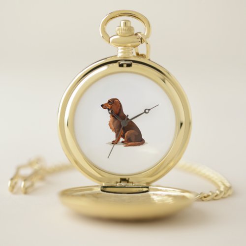 Vintage Long Haired Dachshund Back View Dog Illust Pocket Watch