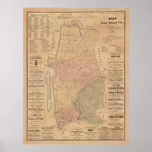 Vintage Long Island City NY Map 1876 Poster