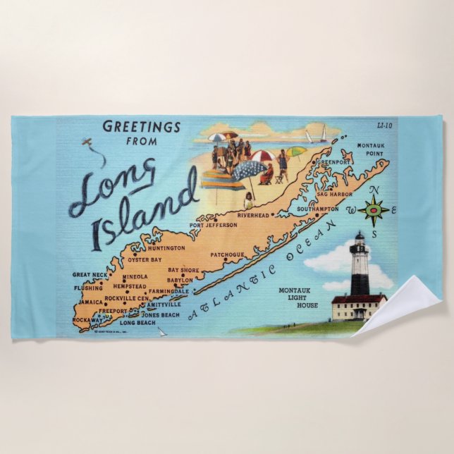Vintage Long Island Map Beach Towel (Front)
