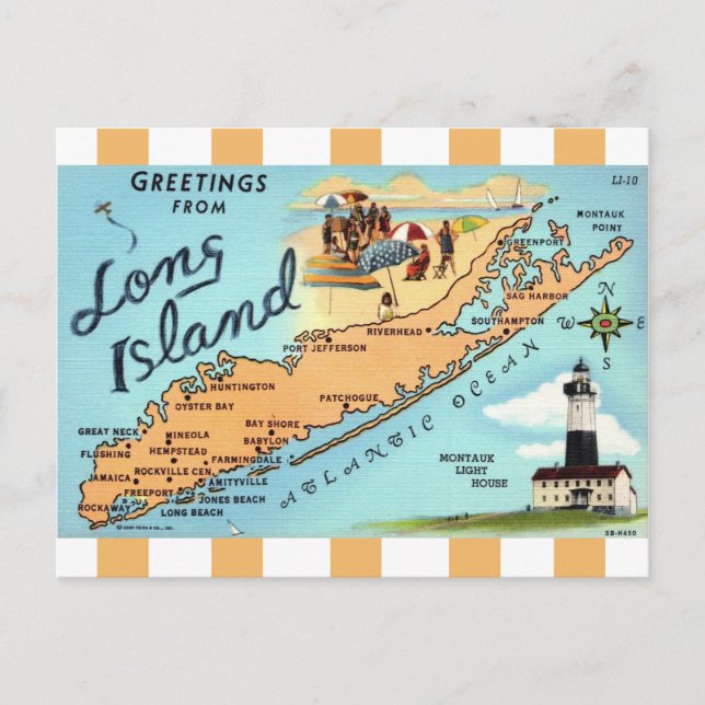 Vintage Long Island Striped Map Postcard (Front)