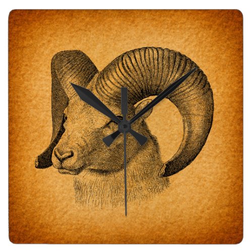 Vintage Longhorn Sheep Antique Art Rustic Orange Square Wall Clock