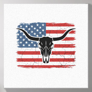 Vintage Longhorn Skull American Flag Vector Design Canvas Photo Tile