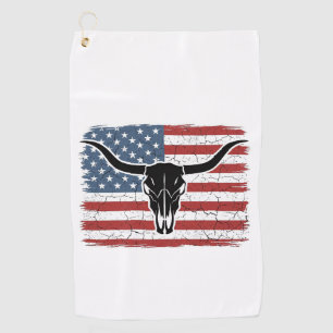 Vintage Longhorn Skull American Flag Vector Design Golf Towel