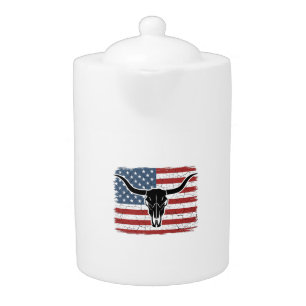 Vintage Longhorn Skull American Flag Vector Design Teapot