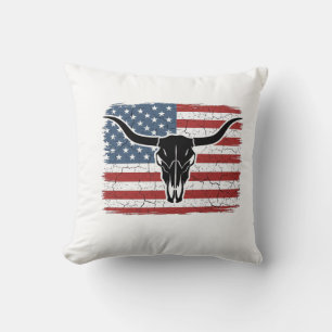 Vintage Longhorn Skull American Flag Vector Design Throw Pillow