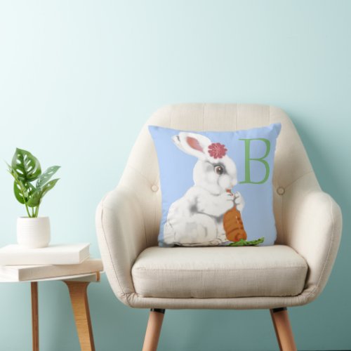 Vintage Look Baby Bunny Alphabet Letter Child Blue Throw Pillow