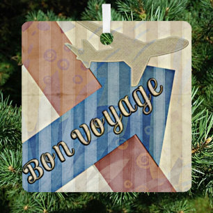 Vintage Look Beige Red & Blue Abstract Bon Voyage Metal Ornament