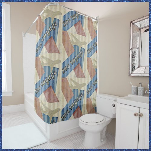 Vintage Look Beige Red  Blue Abstract Bon Voyage Shower Curtain