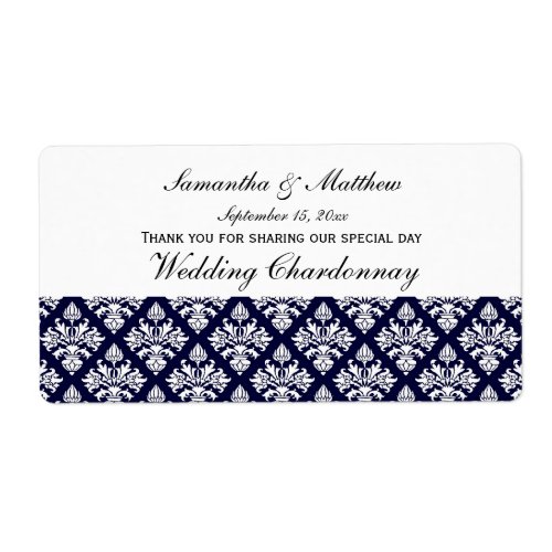 Vintage Look Blue  White Damask 3 Wine Label