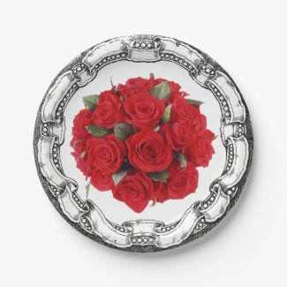 Vintage Look Bouquet Red Roses Paper Plate