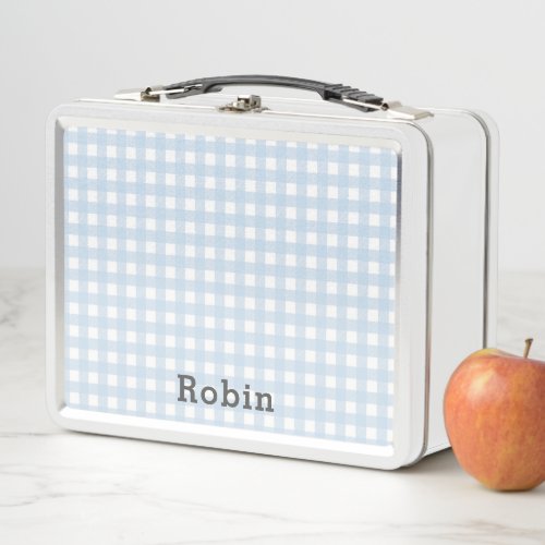 Vintage Look Custom Name with Blue Gingham Metal Lunch Box