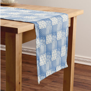 Vintage Look Denim Blue Creamy White Patchwork  Medium Table Runner