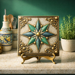  Vintage Look Emerald Green & Gold  Star  Ceramic Tile