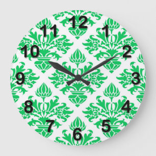 Vintage Look Emerald Green White Floral Damask Large Clock
