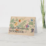 [ Thumbnail: Vintage Look Flowers, Leaves, Stem; Happy Birthday Card ]