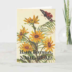 Vintage Look Flowers, Moth Insect Birthday Card