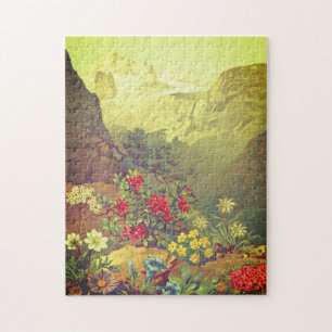 Vintage Look Flowers, Mountains Jigsaw Puzzle