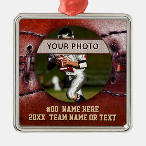 Vintage look Football Ornaments Your Photo Text Metal Ornament