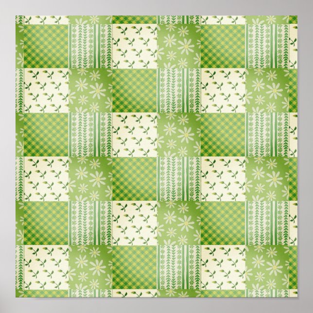 Vintage Look Green and Ecru Patchwork  Poster (Front)
