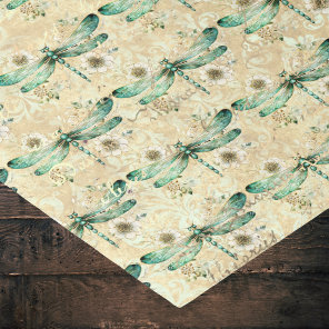 Vintage Look Green Dragonfly and Flowers on Tan Tissue Paper