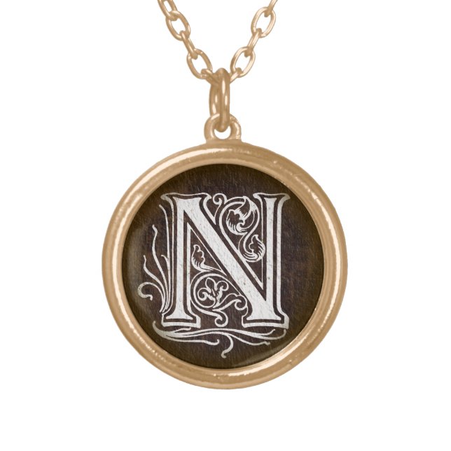 Vintage Look Letter N Monogram Initial Pendant (Front)