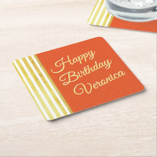 Vintage Look Orange and Gold Personalize Birthday Square Paper Coaster