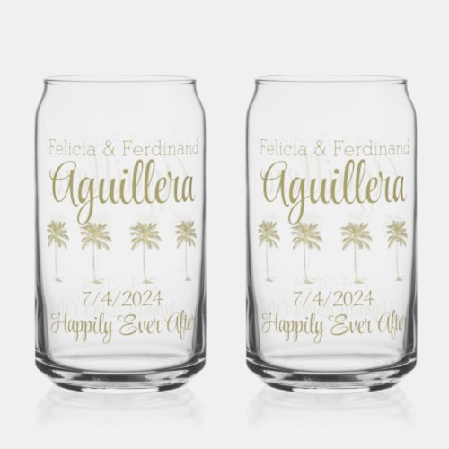 Vintage Look Palm Trees Wedding Happily Ever After Can Glass