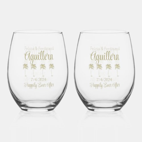 Vintage Look Palm Trees Wedding Happily Ever After Stemless Wine Glass