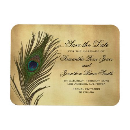 Vintage Look Peacock Feather Elegant Save The Date Magnet