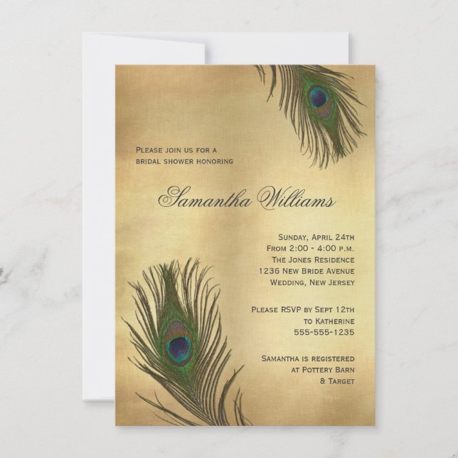 Vintage Look Peacock Feathers Bridal Shower Invitation (Front)