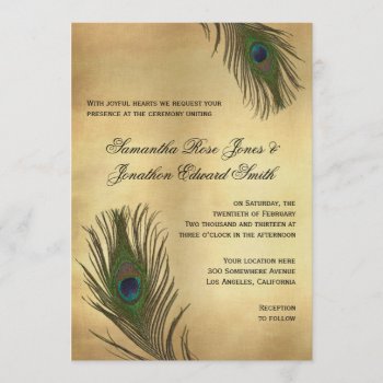 Vintage Look Peacock Feathers Wedding Invitation by prettypicture at Zazzle