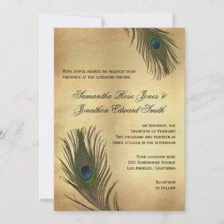 Vintage Look Peacock Feathers Wedding Invitation