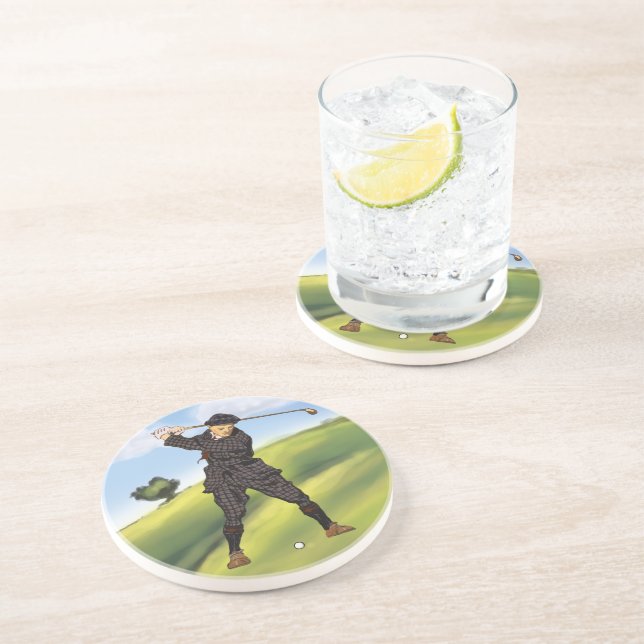 Vintage look Period golfer drinks coaster (Side)