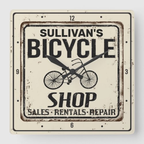 Vintage Look Personalized Bike Bicycle Repair Shop Square Wall Clock