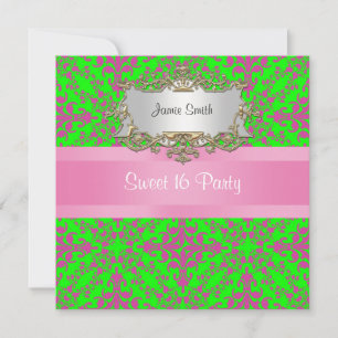 Vintage Look Pink Lime Grn Damask #3 Sweet 16 Pty Invitation