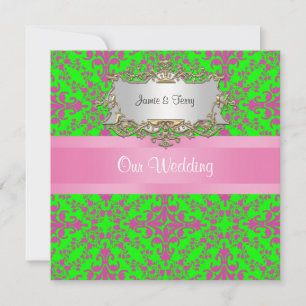 Vintage Look Pink Lime Grn Damask #3 Wedding Invit Invitation