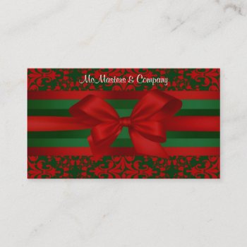 Vintage Look Red & Green Damask #2 With Bow Business Card by ItsMyPartyDesigns at Zazzle
