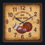 Vintage look Sports Themed Clocks, Man Cave Clock<br><div class="desc">Cool Vintage look Sports Themed Clocks. Personalized Man Cave Clock and gifts for sports lovers. Antique look paper background with big rustic clock numbers. You, or Designers Rod and Linda: 239-949-9090 can remove one or all of the sports balls - Basketball, Football and Basketball. We can place any part of...</div>