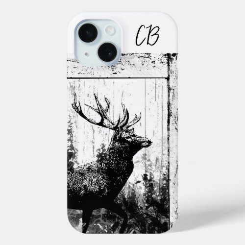 Vintage look Stag Custom Initials Deer Animal iPhone 15 Case
