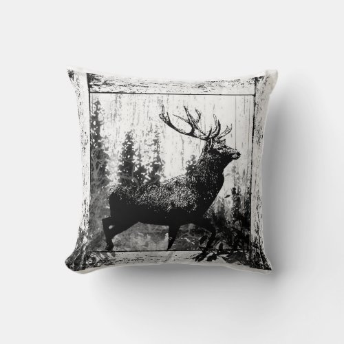 Vintage look Stag in Black and White Deer Animal Throw Pillow