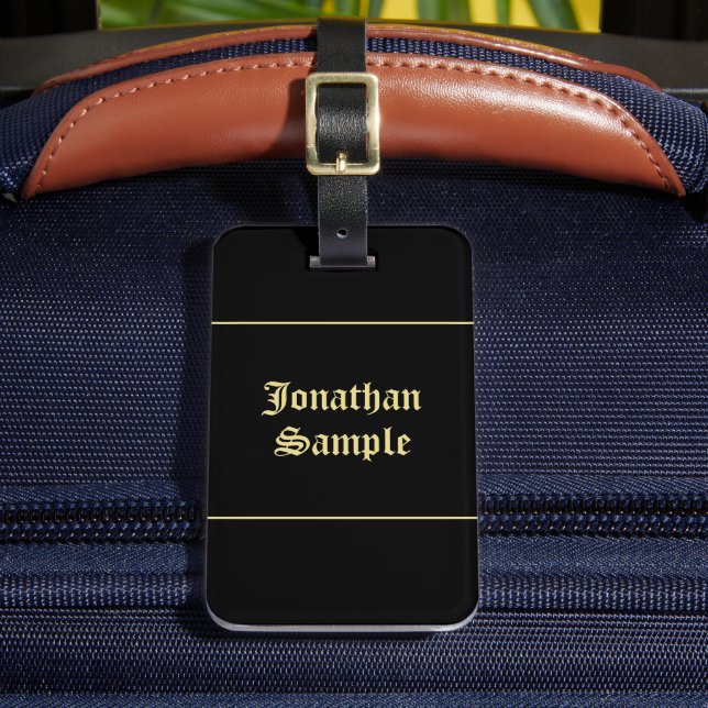 Vintage Look Text Font Black And Gold Double Sided Luggage Tag (Front Insitu 2)