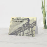 [ Thumbnail: Vintage Look Train On a Rail Bridge Birthday Card ]