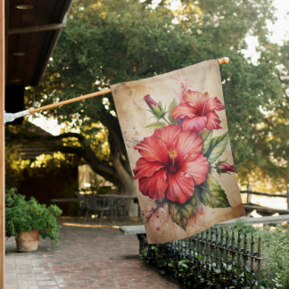 VINTAGE LOOK TROPICAL HIBISCUS FLOWERS HOUSE FLAG