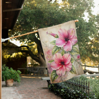 VINTAGE LOOK TROPICAL HIBISCUS FLOWERS HOUSE FLAG